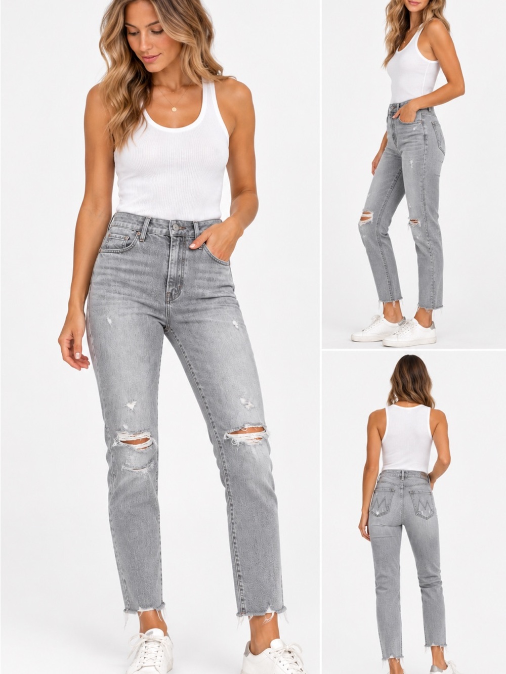 MOTHER High-Rise Light Grey Distressed Straight Jeans, 27